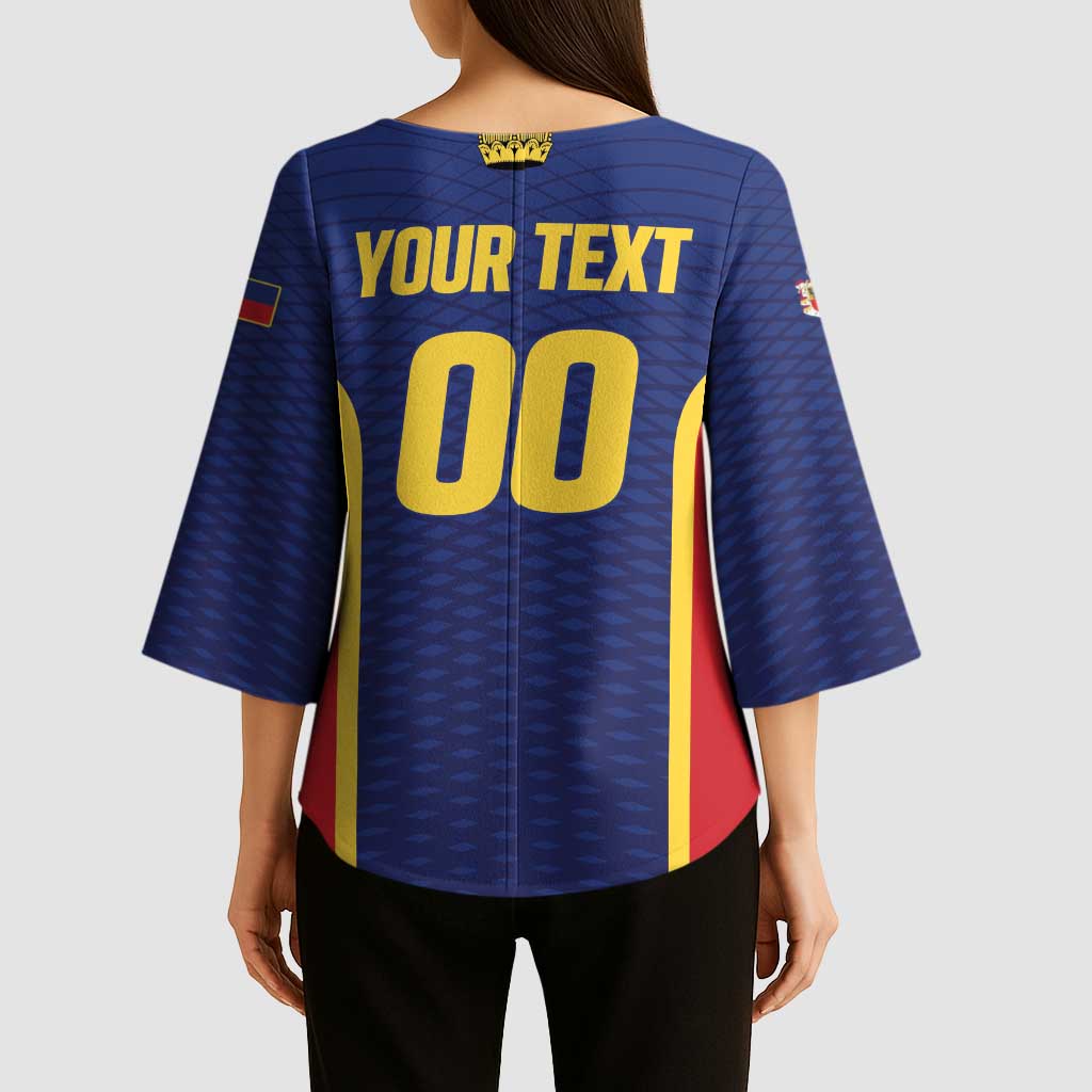Custom Football 2026 Liechtenstein Kimono Sleeve Blouse Blau-Rot Come On