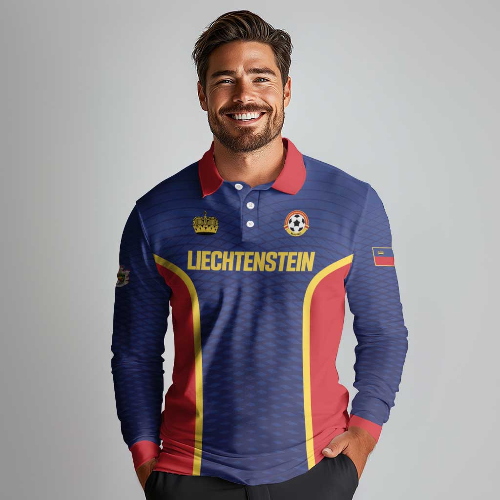 Custom Football 2026 Liechtenstein Long Sleeve Polo Shirt Blau-Rot Come On