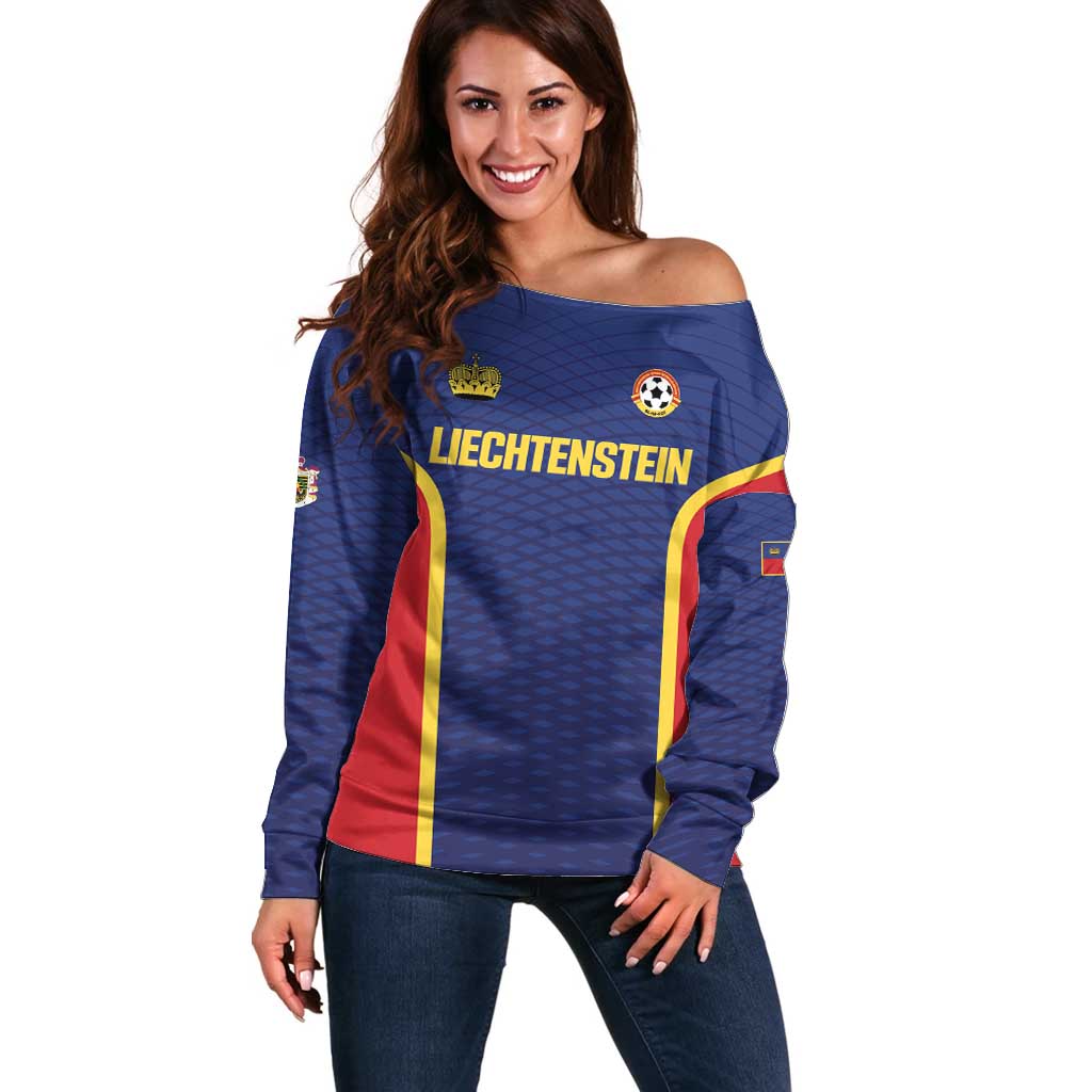 Custom Football 2026 Liechtenstein Off Shoulder Sweater Blau-Rot Come On