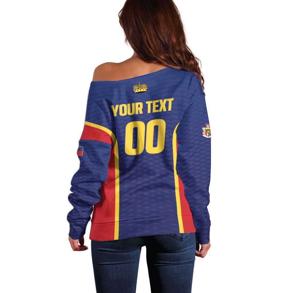 Custom Football 2026 Liechtenstein Off Shoulder Sweater Blau-Rot Come On