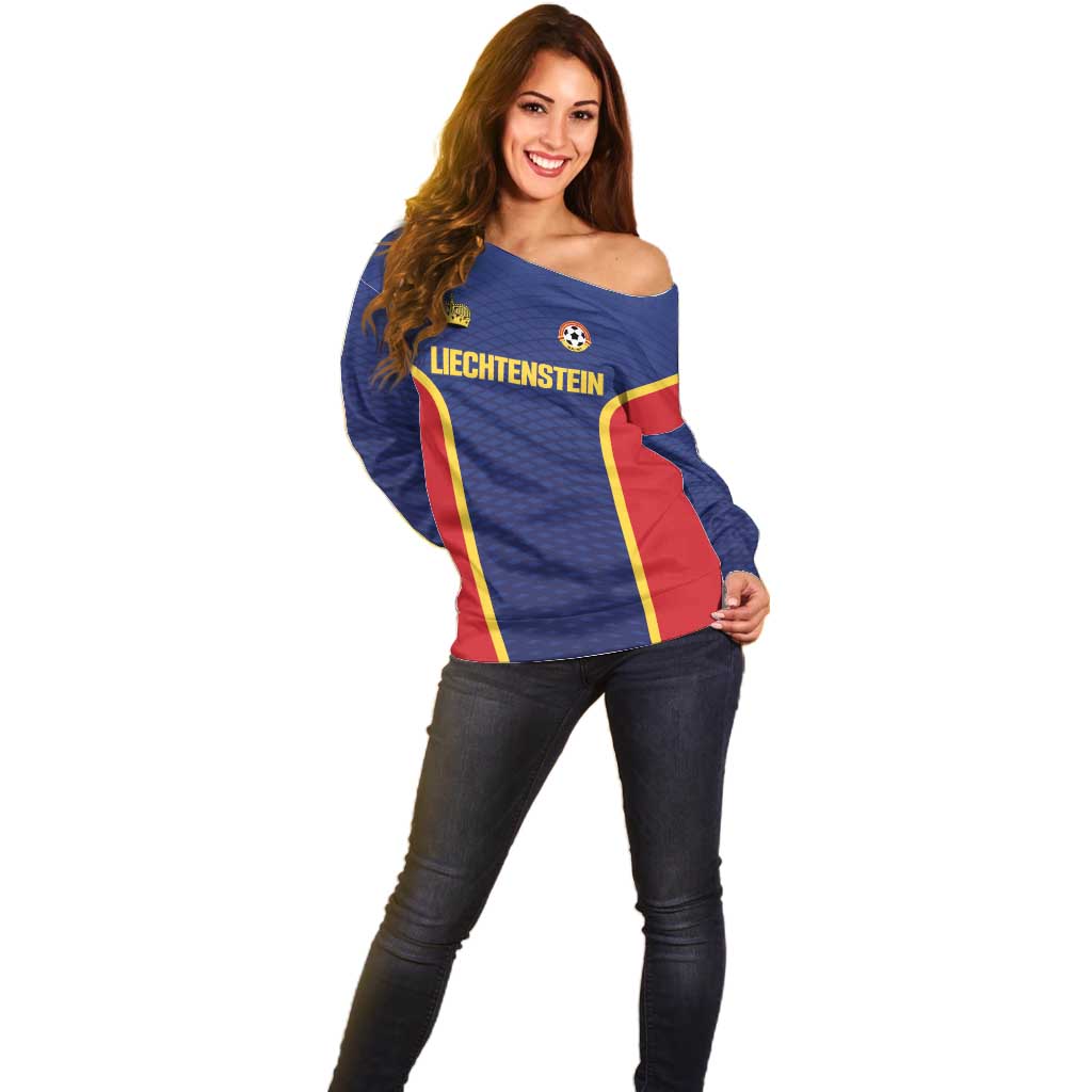 Custom Football 2026 Liechtenstein Off Shoulder Sweater Blau-Rot Come On