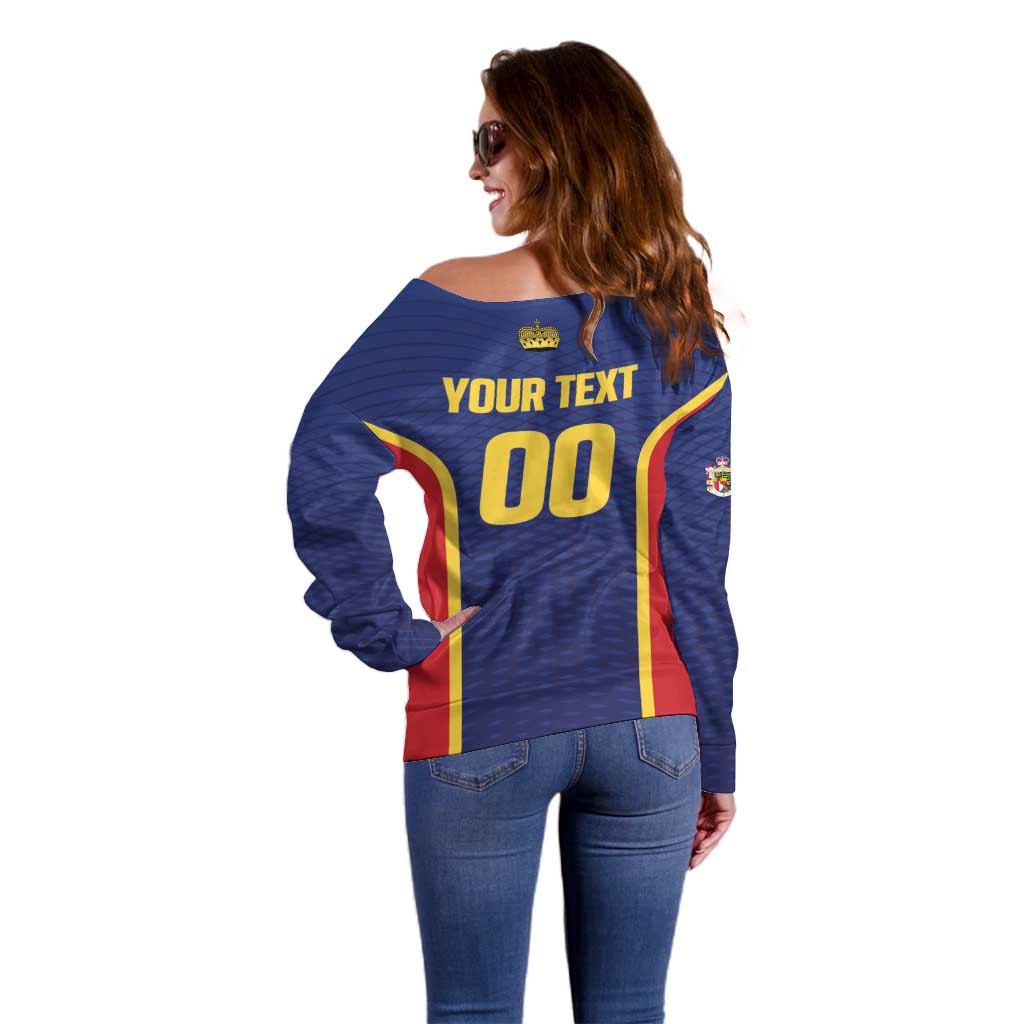 Custom Football 2026 Liechtenstein Off Shoulder Sweater Blau-Rot Come On