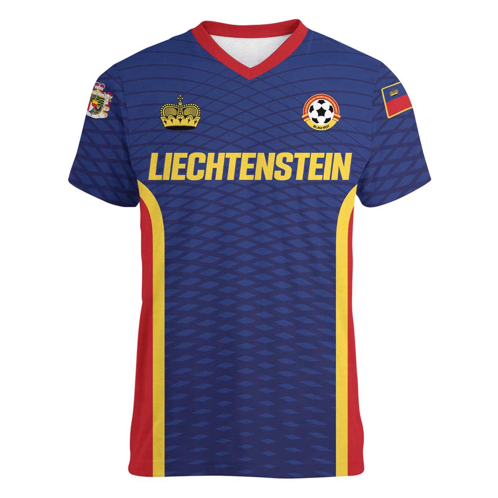 Custom Football 2026 Liechtenstein Women V-Neck T-Shirt Blau-Rot Come On