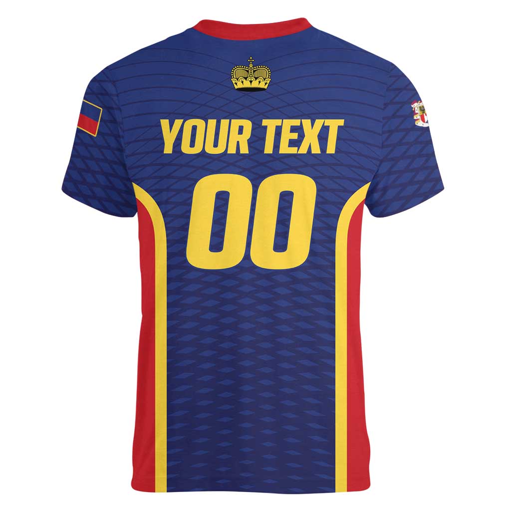 Custom Football 2026 Liechtenstein Women V-Neck T-Shirt Blau-Rot Come On