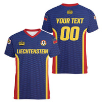 Custom Football 2026 Liechtenstein Women V-Neck T-Shirt Blau-Rot Come On
