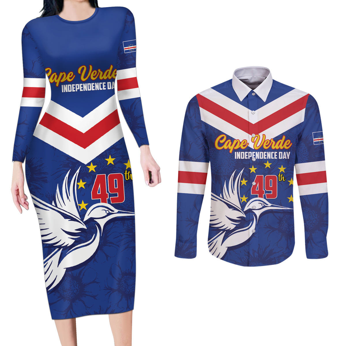 Cape Verde Independence Day Couples Matching Long Sleeve Bodycon Dress and Long Sleeve Button Shirt Gerbera Daisy Pattern - Wonder Print Shop