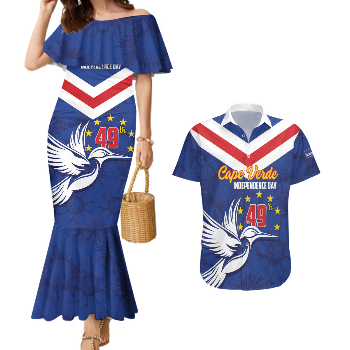 Cape Verde Independence Day Couples Matching Mermaid Dress and Hawaiian Shirt Gerbera Daisy Pattern - Wonder Print Shop