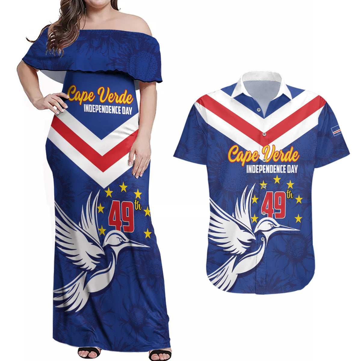 Cape Verde Independence Day Couples Matching Off Shoulder Maxi Dress and Hawaiian Shirt Gerbera Daisy Pattern - Wonder Print Shop