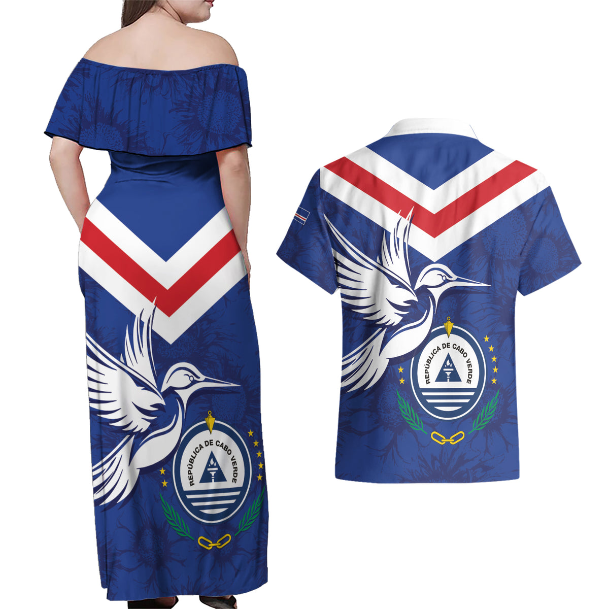 Cape Verde Independence Day Couples Matching Off Shoulder Maxi Dress and Hawaiian Shirt Gerbera Daisy Pattern - Wonder Print Shop