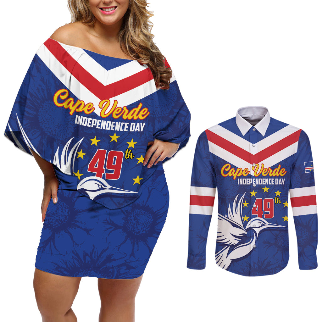 Cape Verde Independence Day Couples Matching Off Shoulder Short Dress and Long Sleeve Button Shirt Gerbera Daisy Pattern - Wonder Print Shop