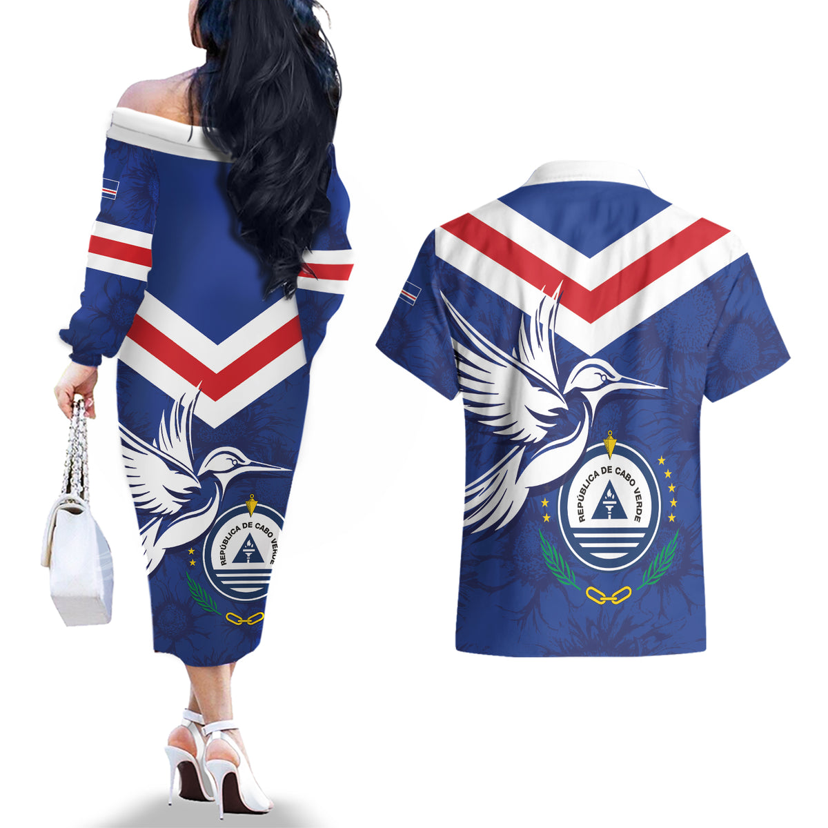 Cape Verde Independence Day Couples Matching Off The Shoulder Long Sleeve Dress and Hawaiian Shirt Gerbera Daisy Pattern - Wonder Print Shop