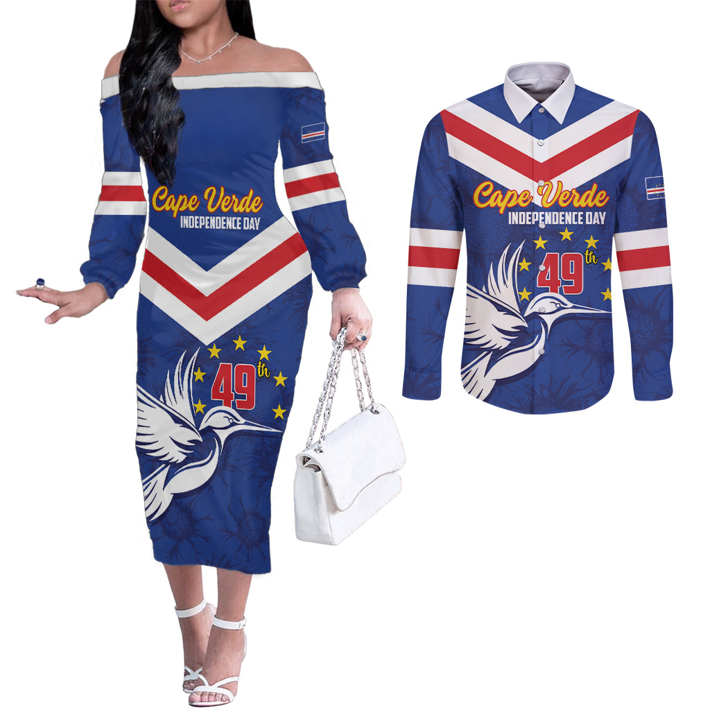 Cape Verde Independence Day Couples Matching Off The Shoulder Long Sleeve Dress and Long Sleeve Button Shirt Gerbera Daisy Pattern