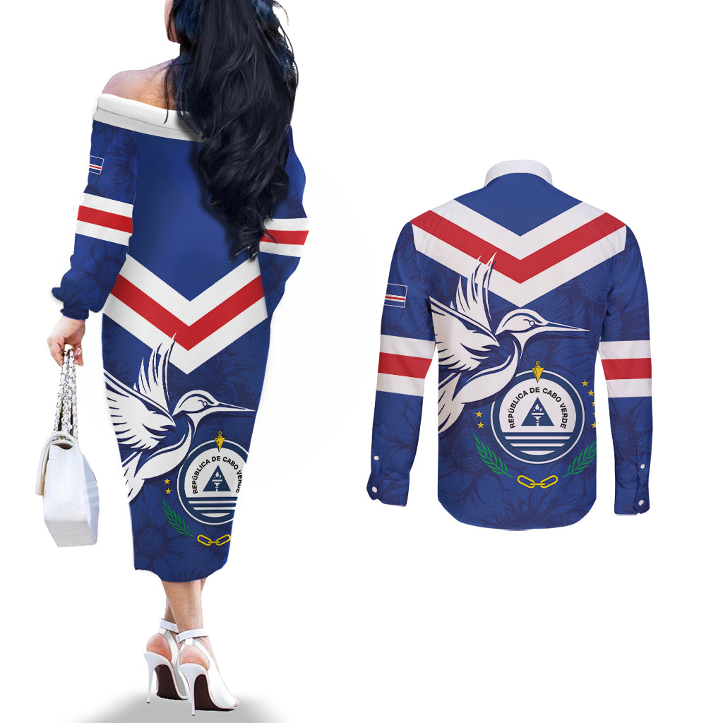 Cape Verde Independence Day Couples Matching Off The Shoulder Long Sleeve Dress and Long Sleeve Button Shirt Gerbera Daisy Pattern