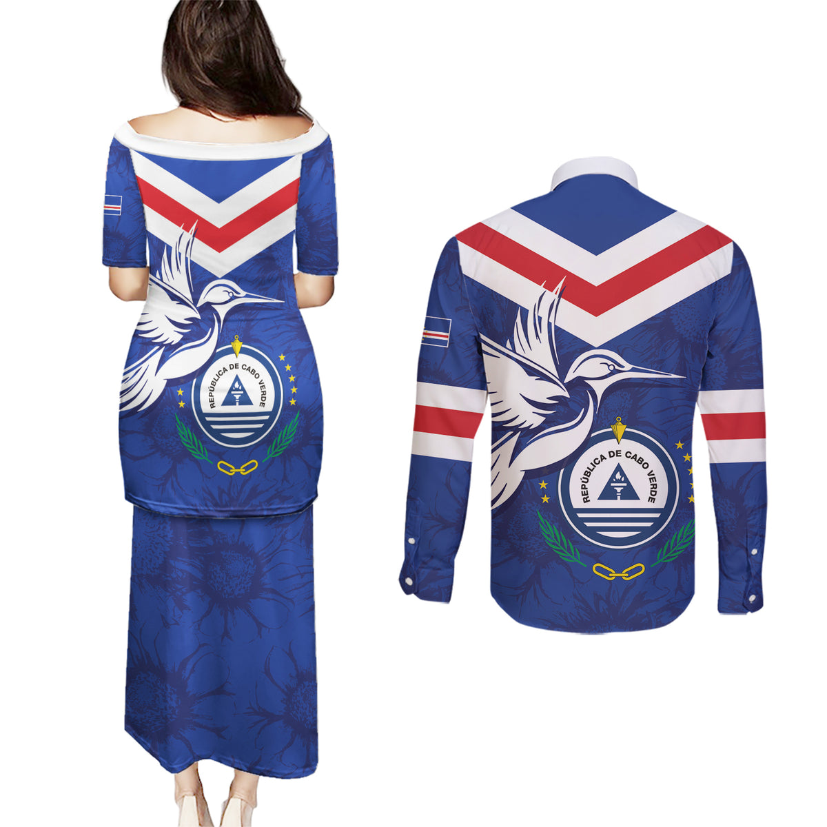 Cape Verde Independence Day Couples Matching Puletasi and Long Sleeve Button Shirt Gerbera Daisy Pattern - Wonder Print Shop