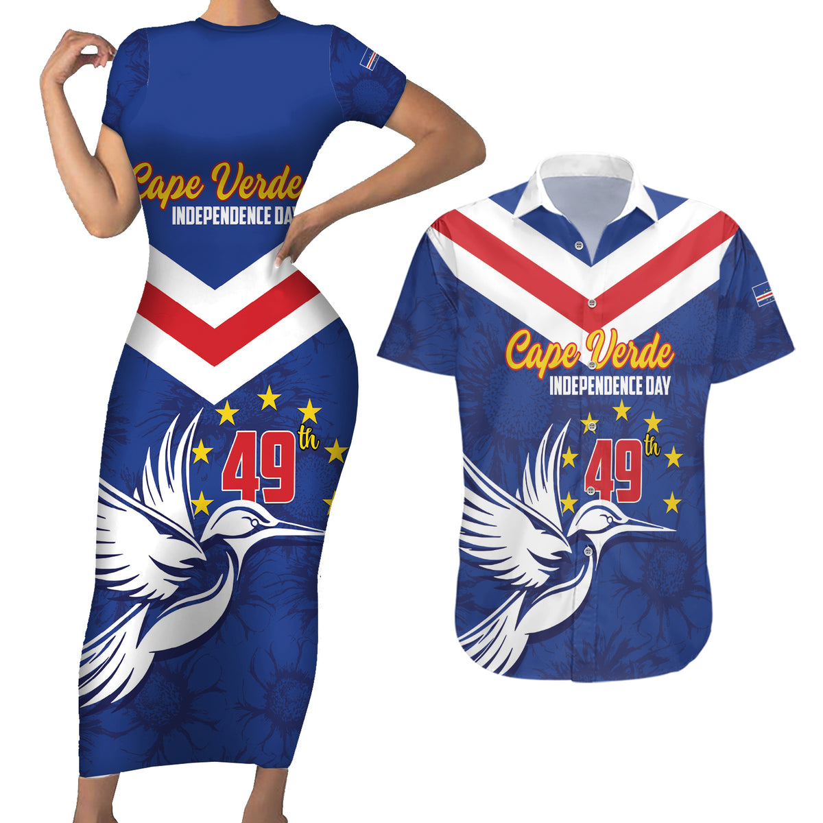 Cape Verde Independence Day Couples Matching Short Sleeve Bodycon Dress and Hawaiian Shirt Gerbera Daisy Pattern - Wonder Print Shop