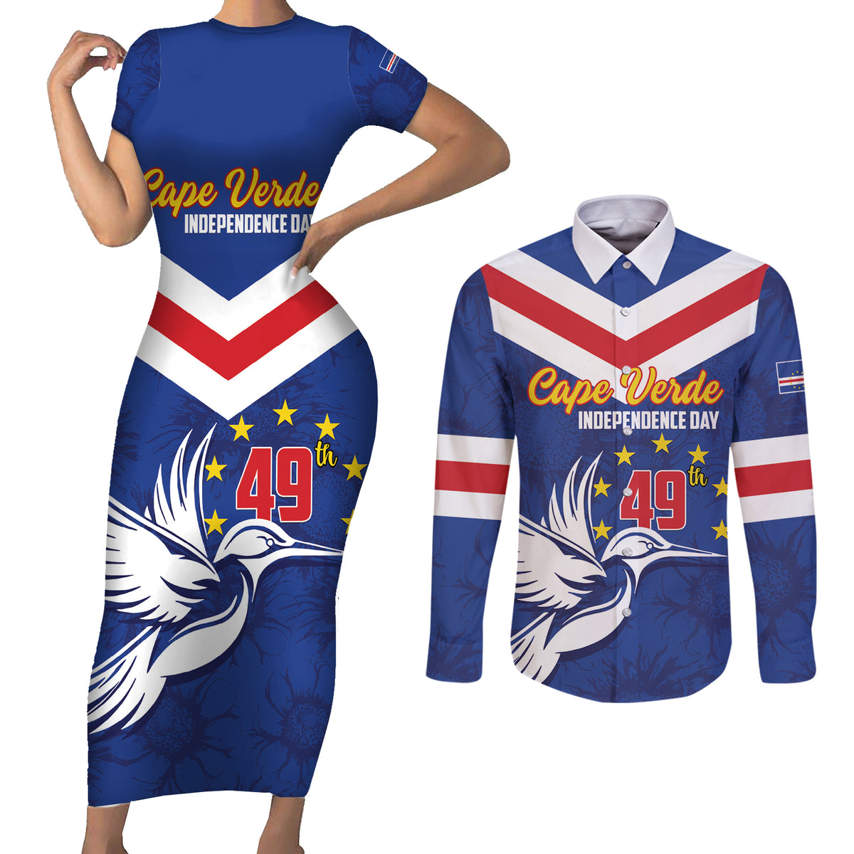 Cape Verde Independence Day Couples Matching Short Sleeve Bodycon Dress and Long Sleeve Button Shirt Gerbera Daisy Pattern - Wonder Print Shop