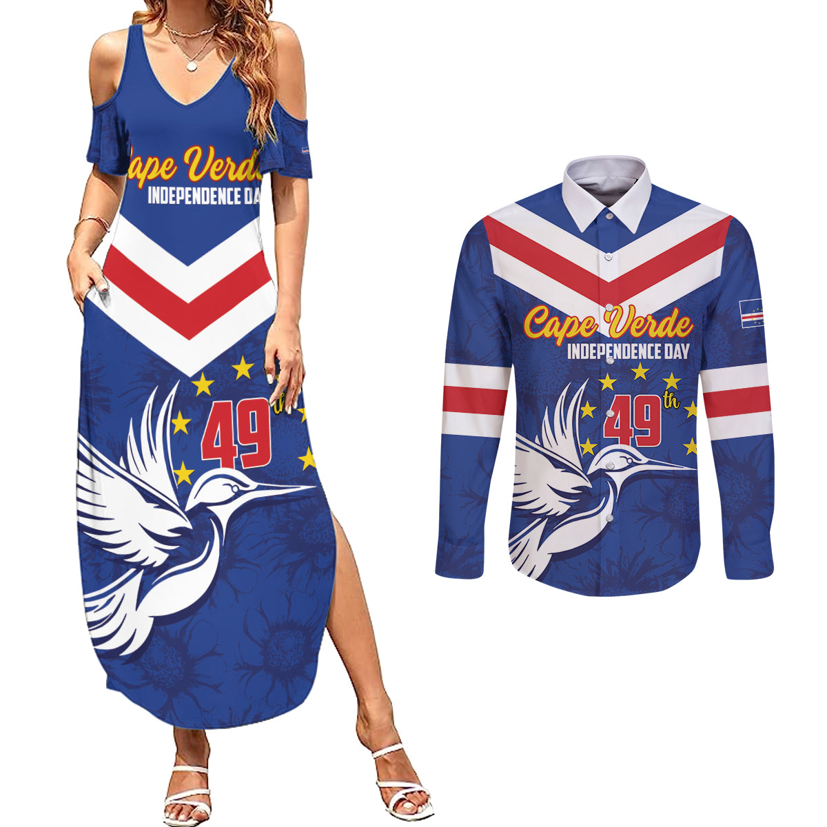 Cape Verde Independence Day Couples Matching Summer Maxi Dress and Long Sleeve Button Shirt Gerbera Daisy Pattern - Wonder Print Shop