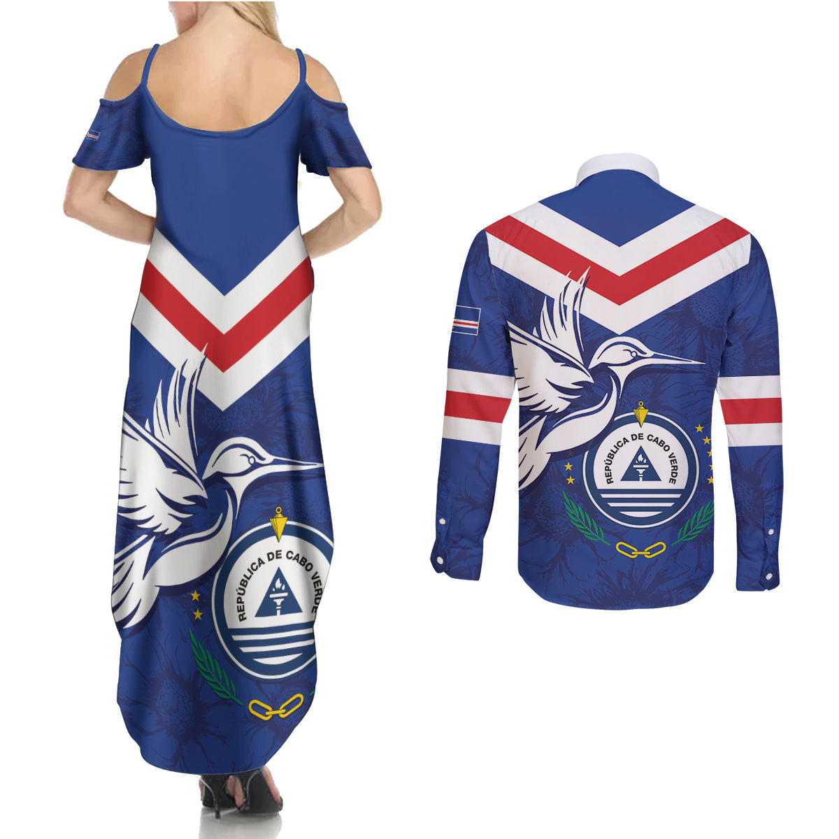 Cape Verde Independence Day Couples Matching Summer Maxi Dress and Long Sleeve Button Shirt Gerbera Daisy Pattern - Wonder Print Shop