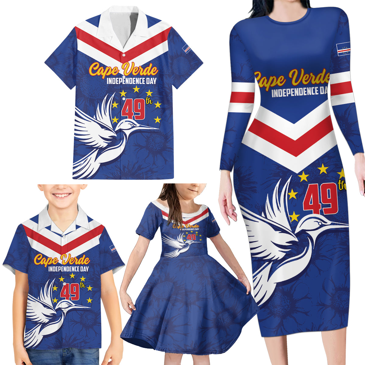 Cape Verde Independence Day Family Matching Long Sleeve Bodycon Dress and Hawaiian Shirt Gerbera Daisy Pattern - Wonder Print Shop