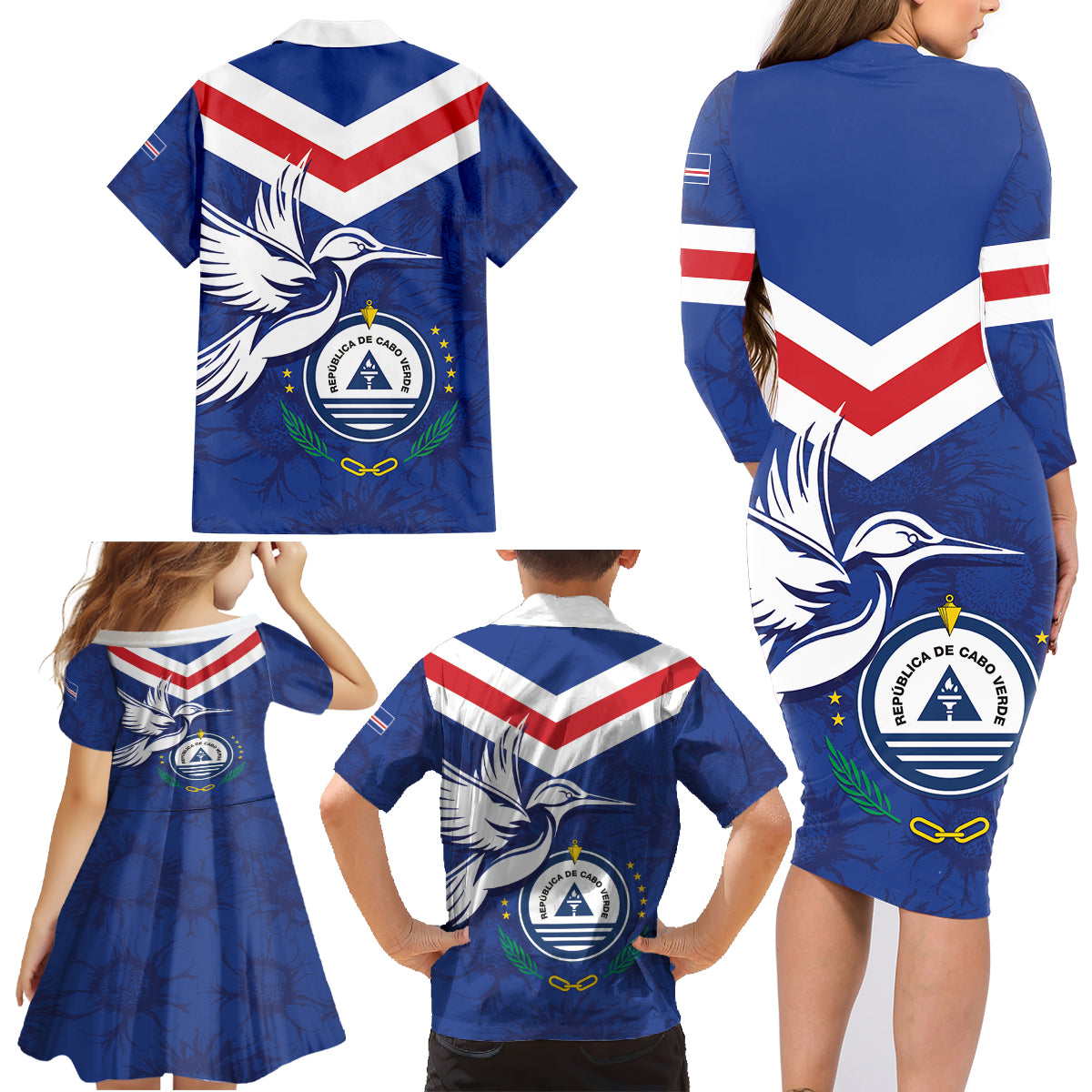 Cape Verde Independence Day Family Matching Long Sleeve Bodycon Dress and Hawaiian Shirt Gerbera Daisy Pattern - Wonder Print Shop