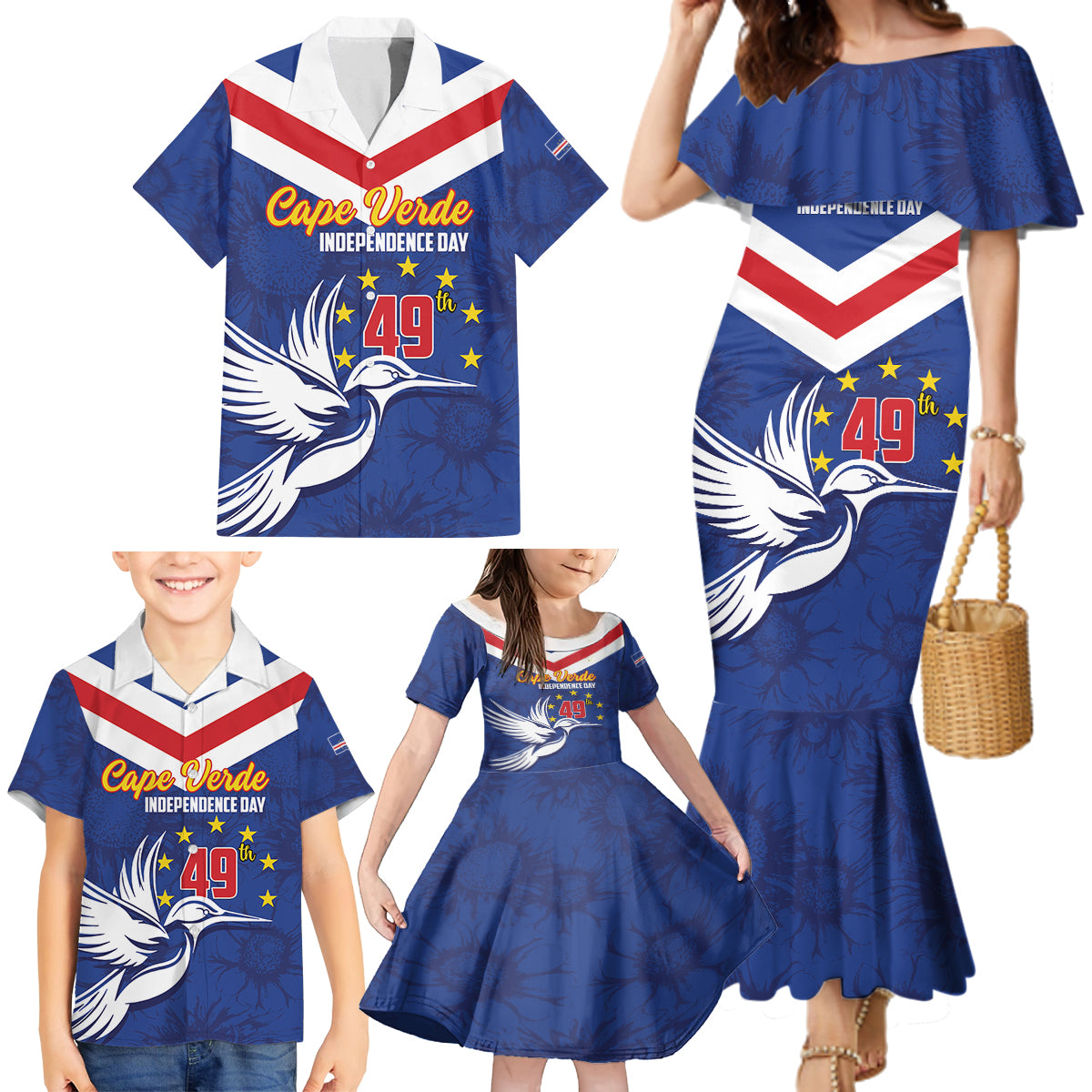 Cape Verde Independence Day Family Matching Mermaid Dress and Hawaiian Shirt Gerbera Daisy Pattern - Wonder Print Shop