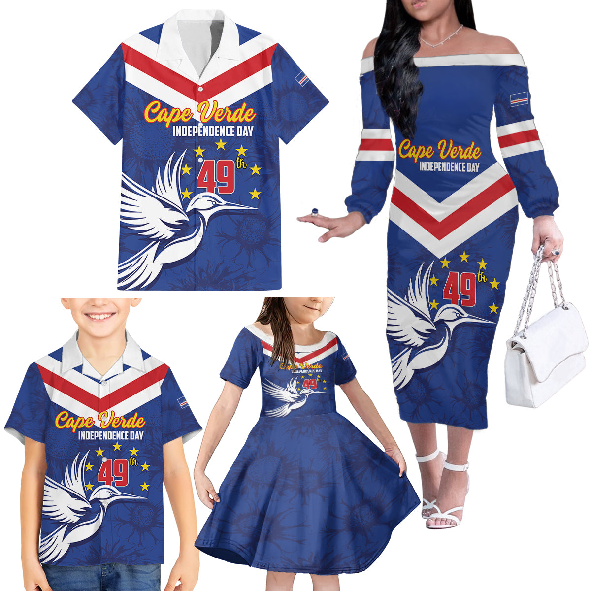 Cape Verde Independence Day Family Matching Off The Shoulder Long Sleeve Dress and Hawaiian Shirt Gerbera Daisy Pattern - Wonder Print Shop