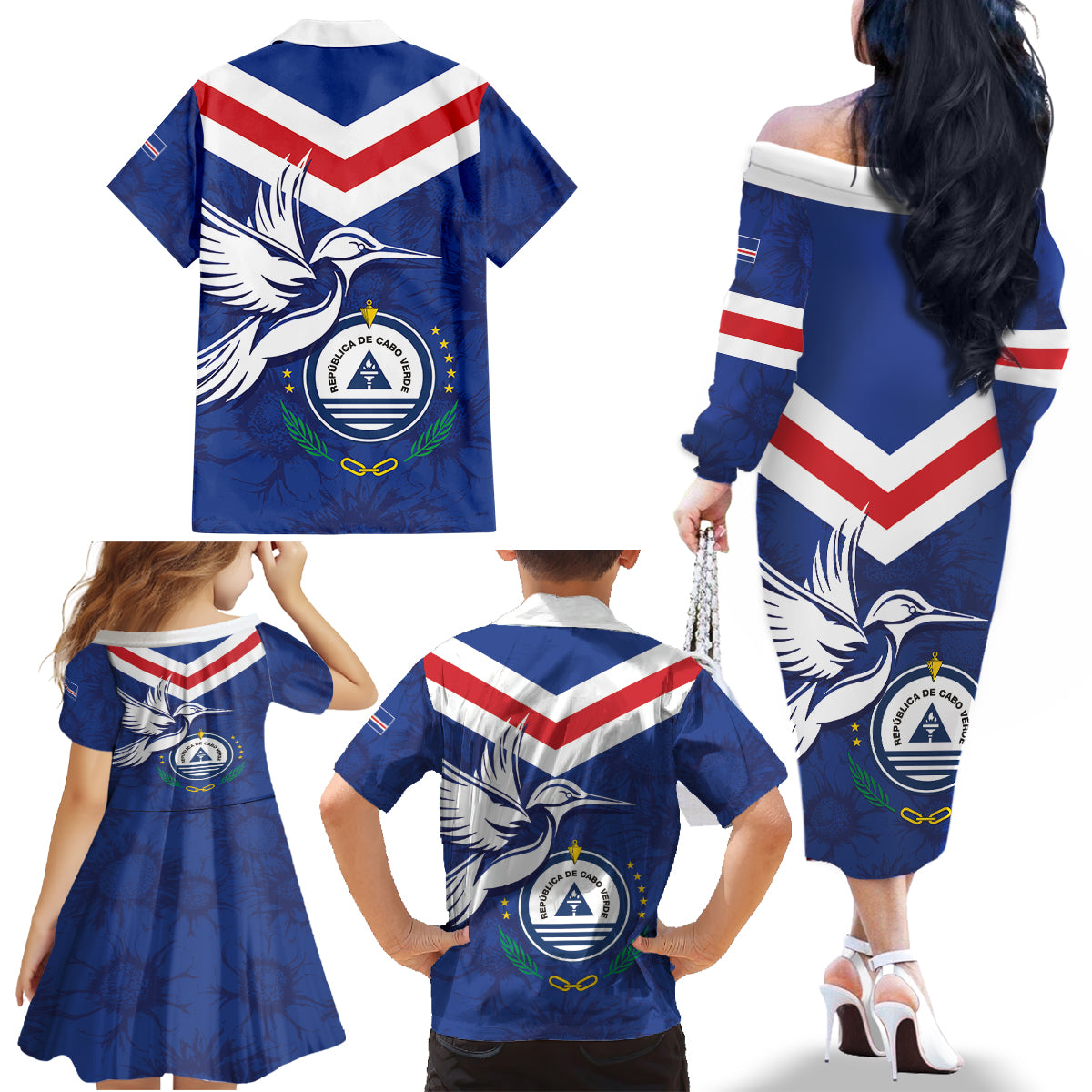 Cape Verde Independence Day Family Matching Off The Shoulder Long Sleeve Dress and Hawaiian Shirt Gerbera Daisy Pattern - Wonder Print Shop