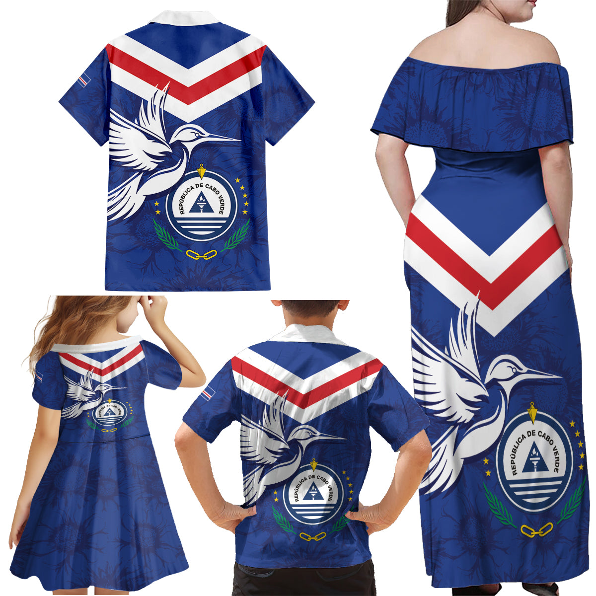 Cape Verde Independence Day Family Matching Off Shoulder Maxi Dress and Hawaiian Shirt Gerbera Daisy Pattern - Wonder Print Shop