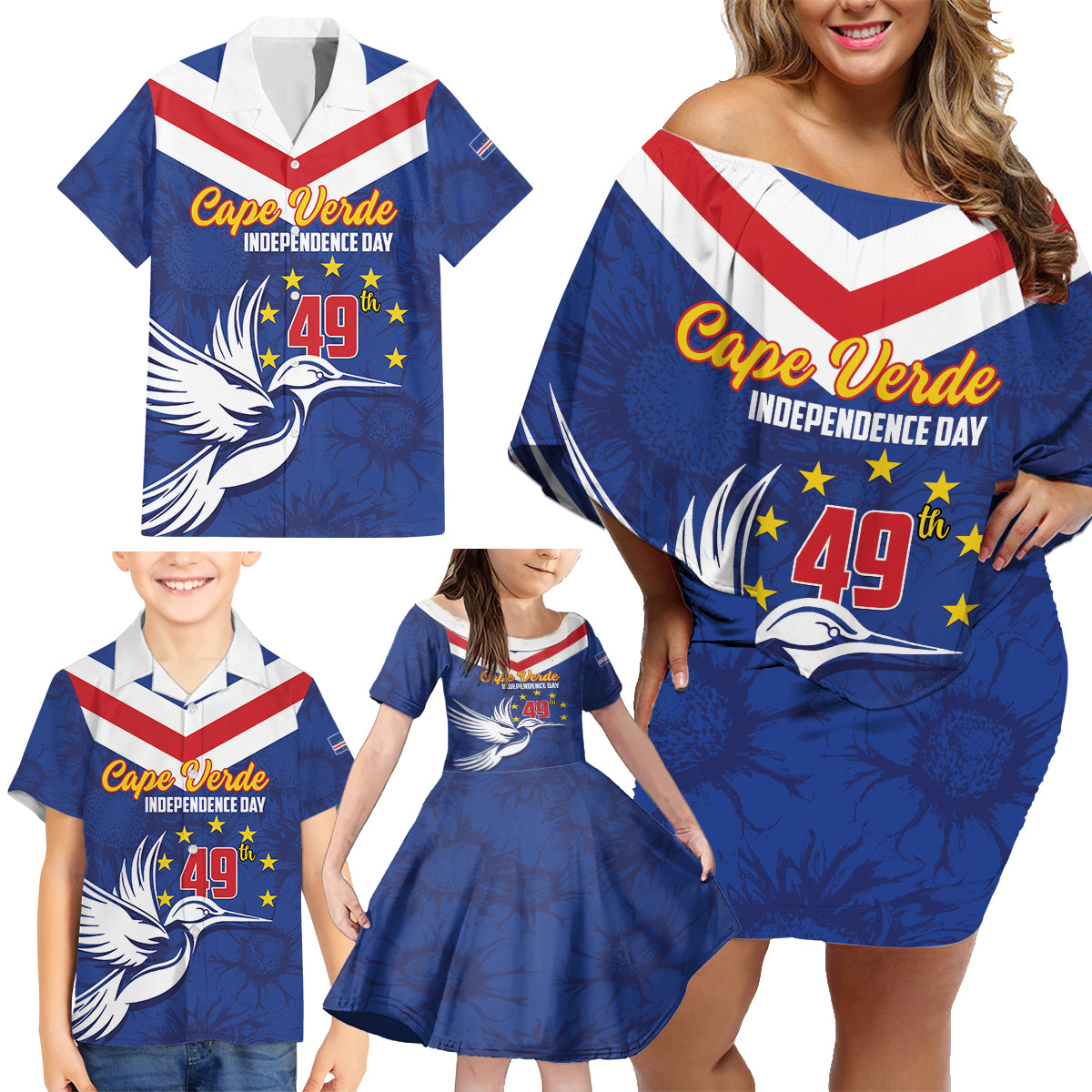 Cape Verde Independence Day Family Matching Off Shoulder Short Dress and Hawaiian Shirt Gerbera Daisy Pattern - Wonder Print Shop