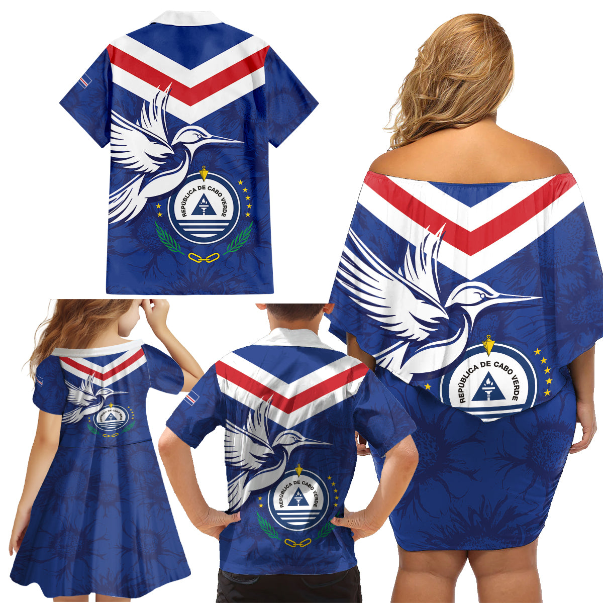 Cape Verde Independence Day Family Matching Off Shoulder Short Dress and Hawaiian Shirt Gerbera Daisy Pattern - Wonder Print Shop