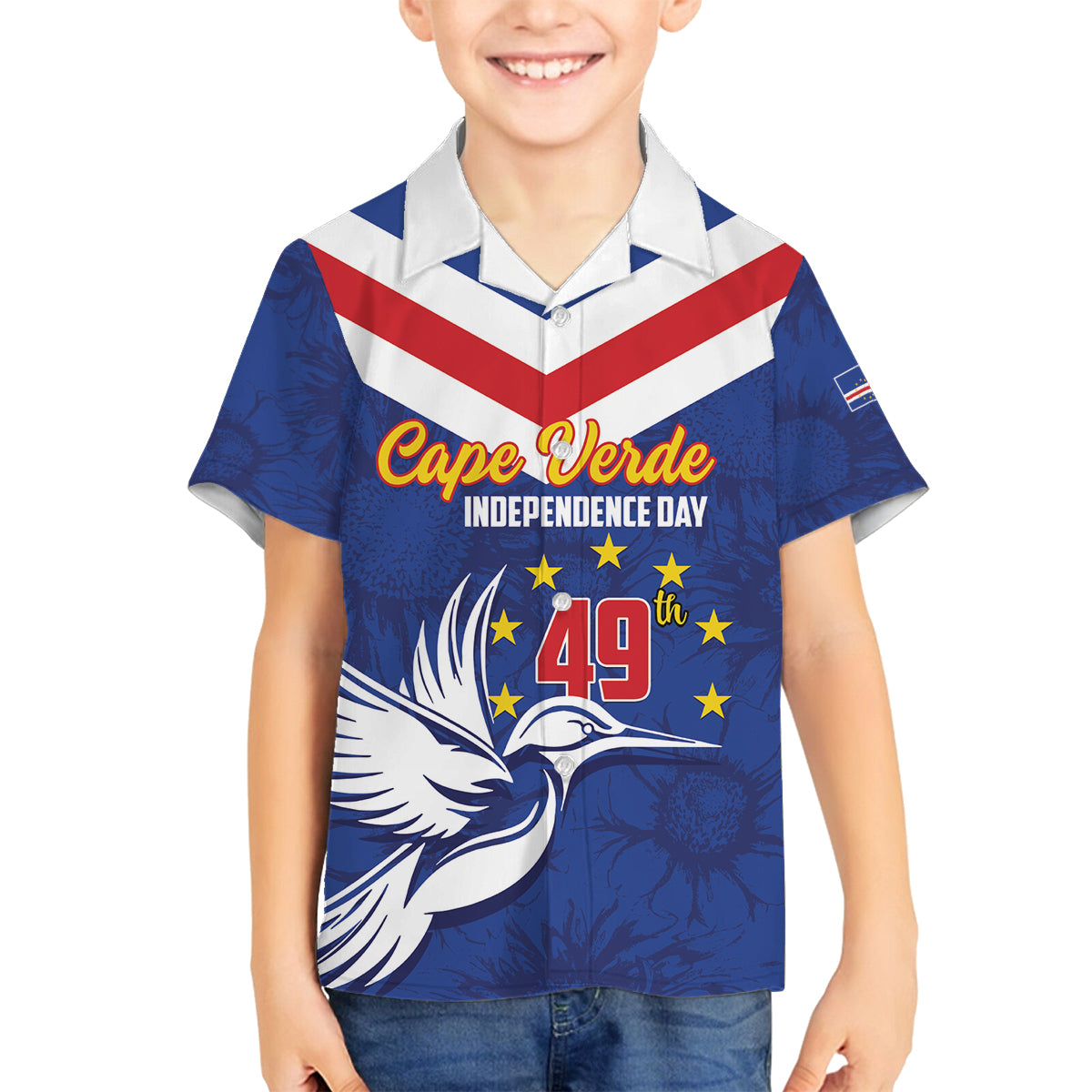 Cape Verde Independence Day Family Matching Off Shoulder Short Dress and Hawaiian Shirt Gerbera Daisy Pattern - Wonder Print Shop