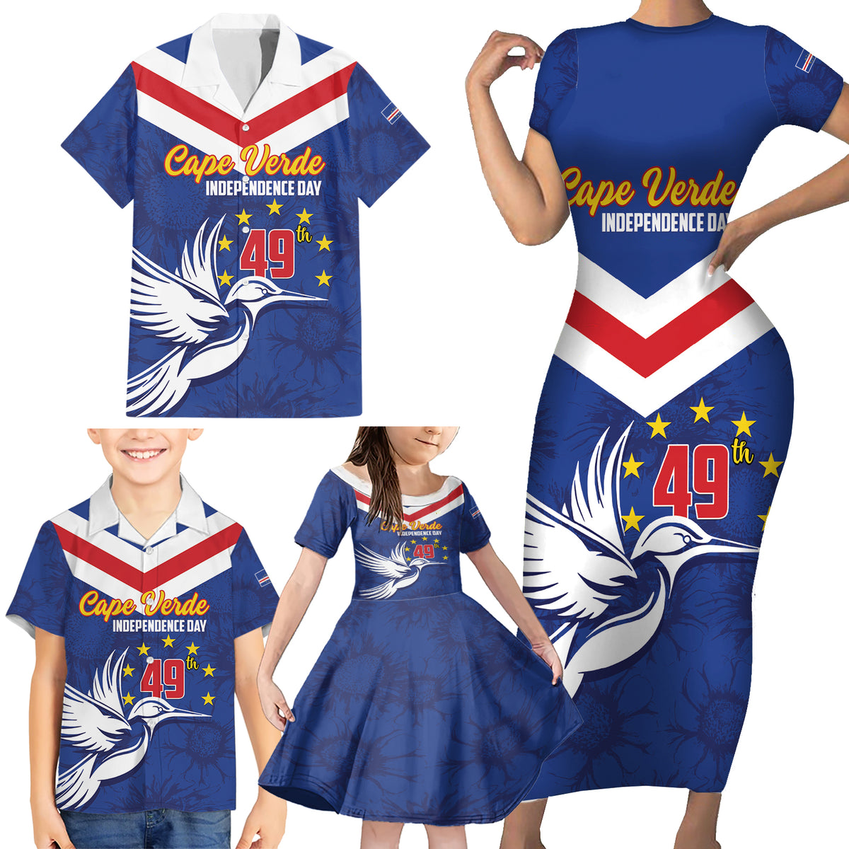 Cape Verde Independence Day Family Matching Short Sleeve Bodycon Dress and Hawaiian Shirt Gerbera Daisy Pattern - Wonder Print Shop