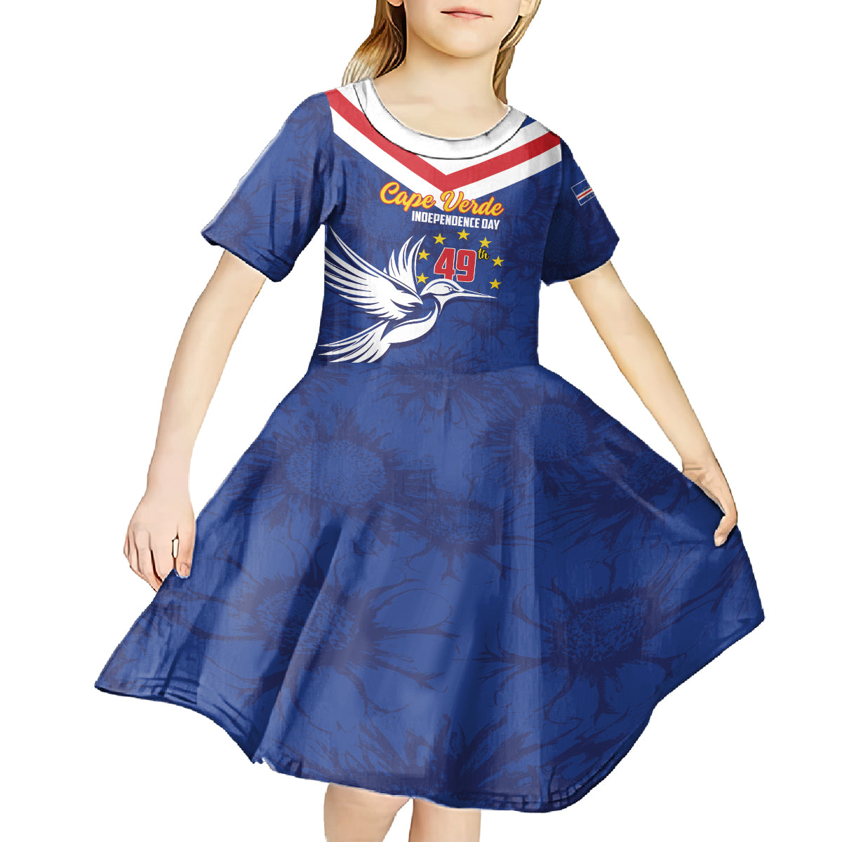 Cape Verde Independence Day Kid Short Sleeve Dress Gerbera Daisy Pattern - Wonder Print Shop