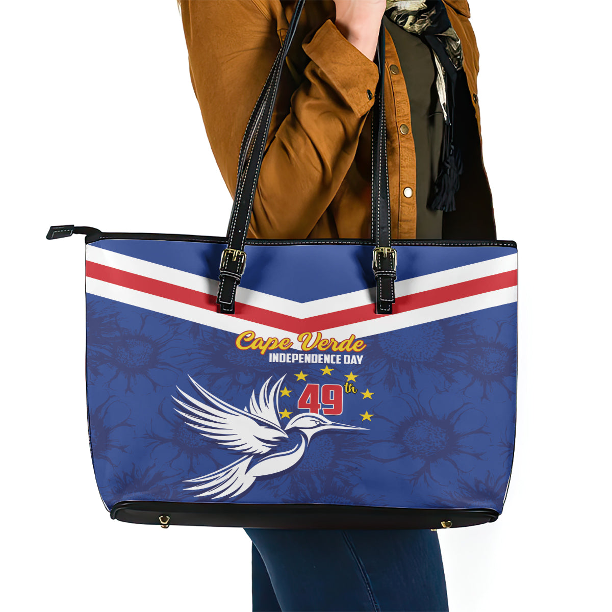 Cape Verde Independence Day Leather Tote Bag Gerbera Daisy Pattern - Wonder Print Shop