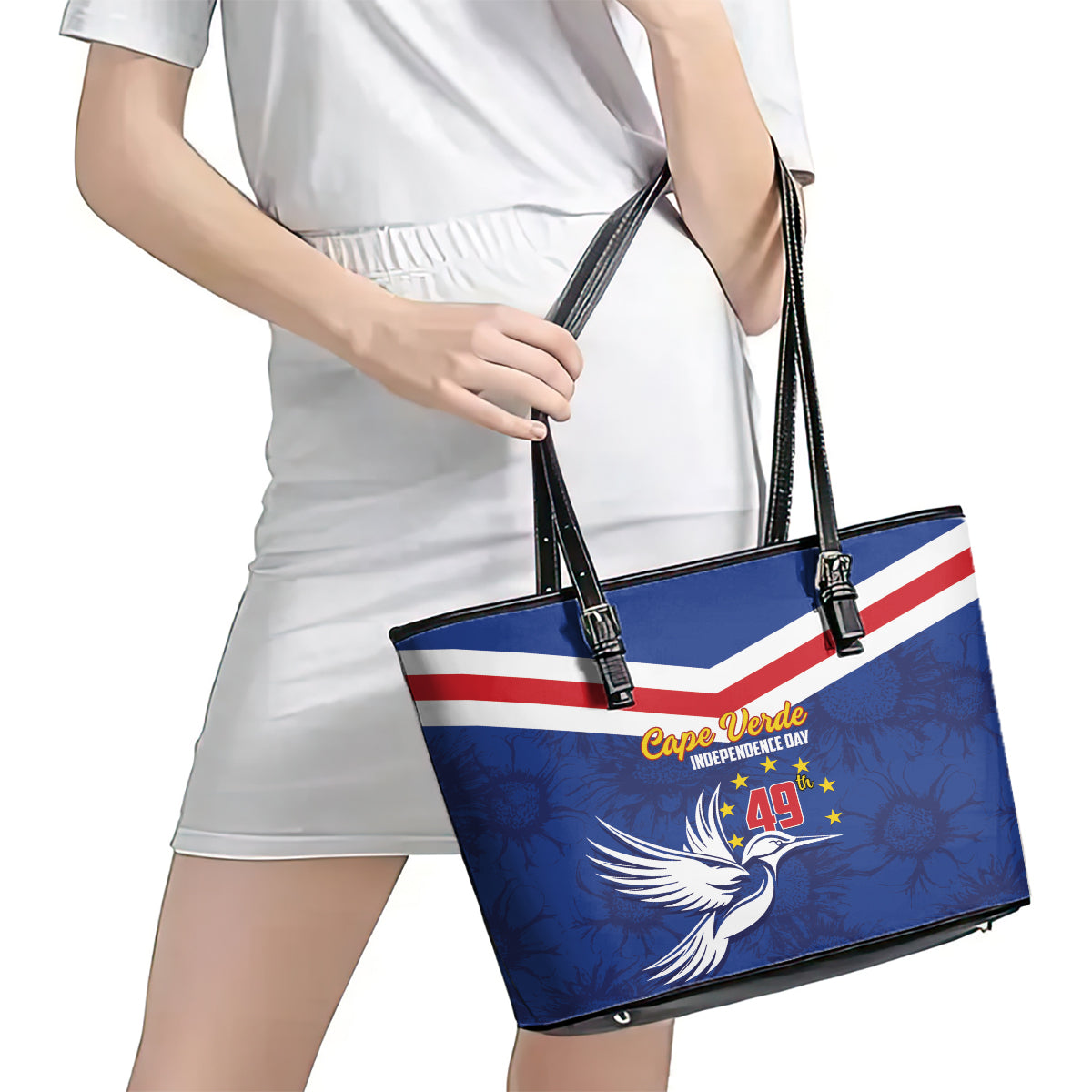 Cape Verde Independence Day Leather Tote Bag Gerbera Daisy Pattern - Wonder Print Shop