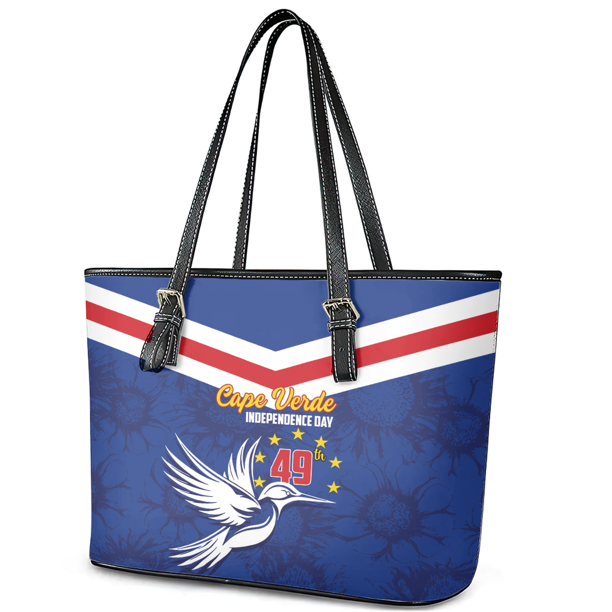 Cape Verde Independence Day Leather Tote Bag Gerbera Daisy Pattern - Wonder Print Shop