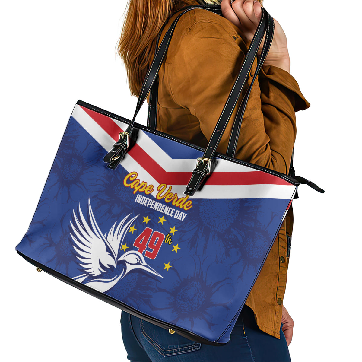 Cape Verde Independence Day Leather Tote Bag Gerbera Daisy Pattern - Wonder Print Shop