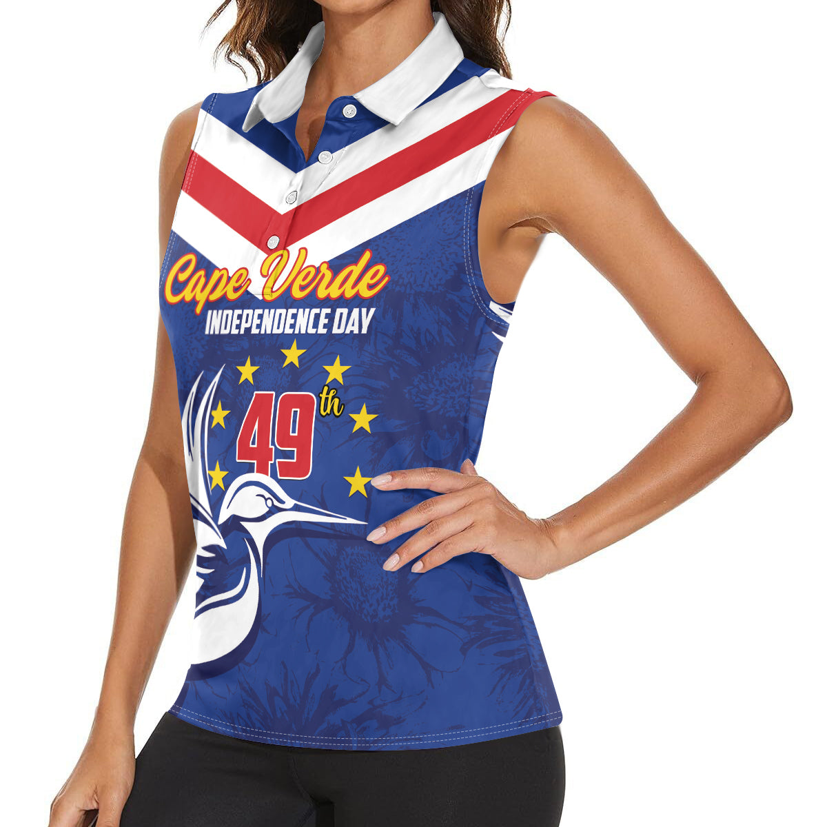 Cape Verde Independence Day Women Sleeveless Polo Shirt Gerbera Daisy Pattern - Wonder Print Shop