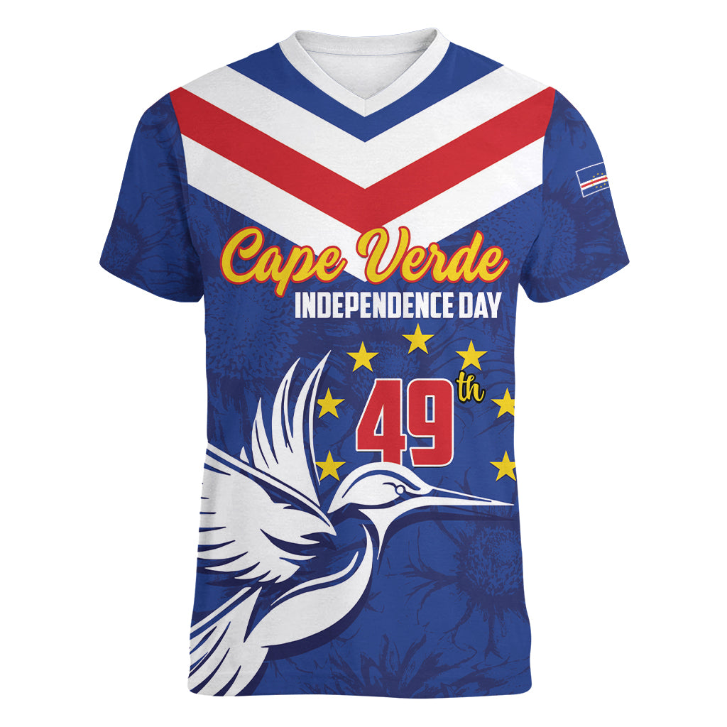 Cape Verde Independence Day Women V-Neck T-Shirt Gerbera Daisy Pattern - Wonder Print Shop