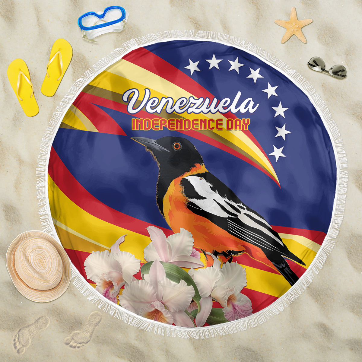 Venezuela Independence Day Beach Blanket Venezuelan Troupial Cattleya Mossiae