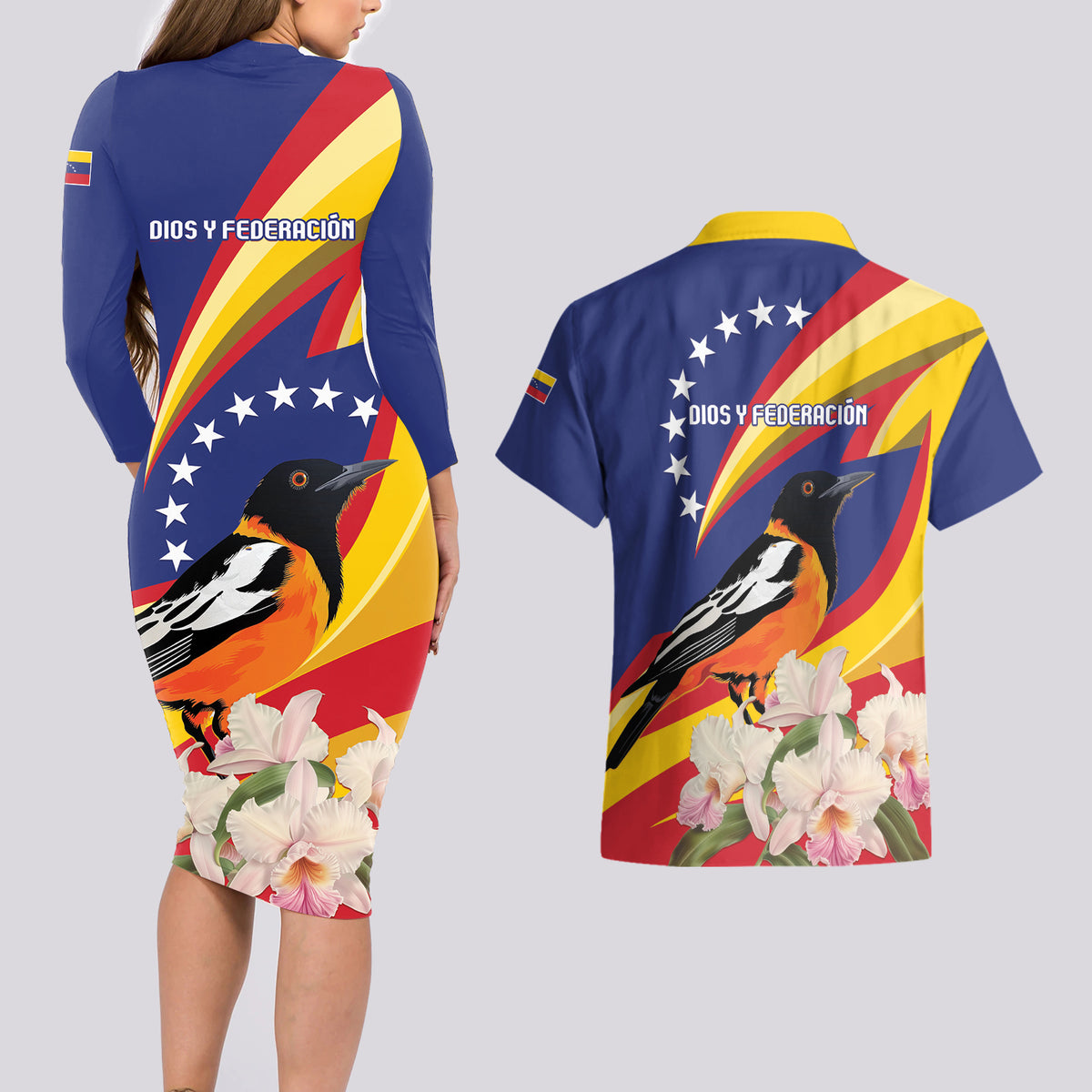 Venezuela Independence Day Couples Matching Long Sleeve Bodycon Dress and Hawaiian Shirt Venezuelan Troupial Cattleya Mossiae - Wonder Print Shop