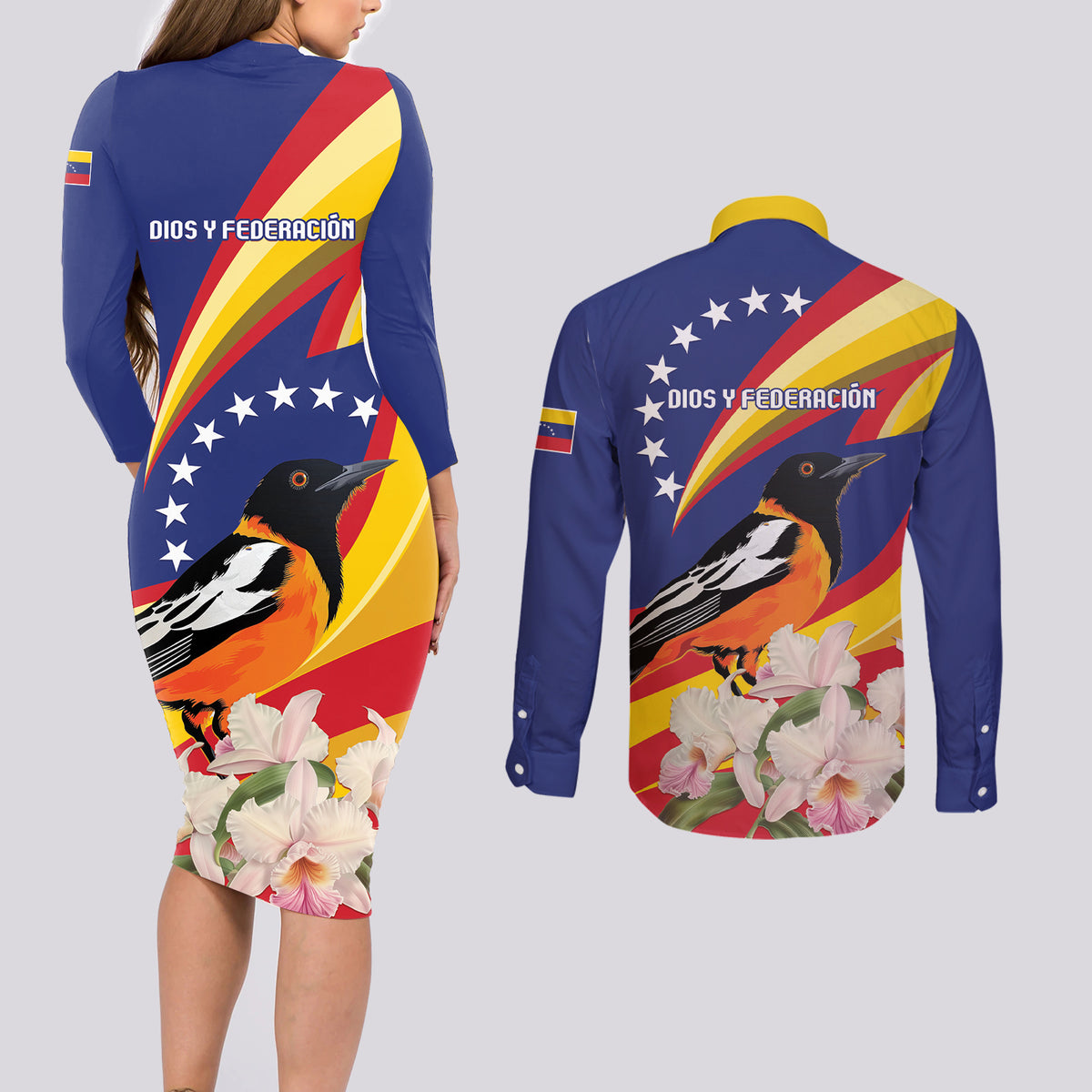 Venezuela Independence Day Couples Matching Long Sleeve Bodycon Dress and Long Sleeve Button Shirt Venezuelan Troupial Cattleya Mossiae - Wonder Print Shop