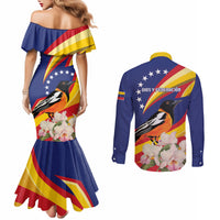 Venezuela Independence Day Couples Matching Mermaid Dress and Long Sleeve Button Shirt Venezuelan Troupial Cattleya Mossiae