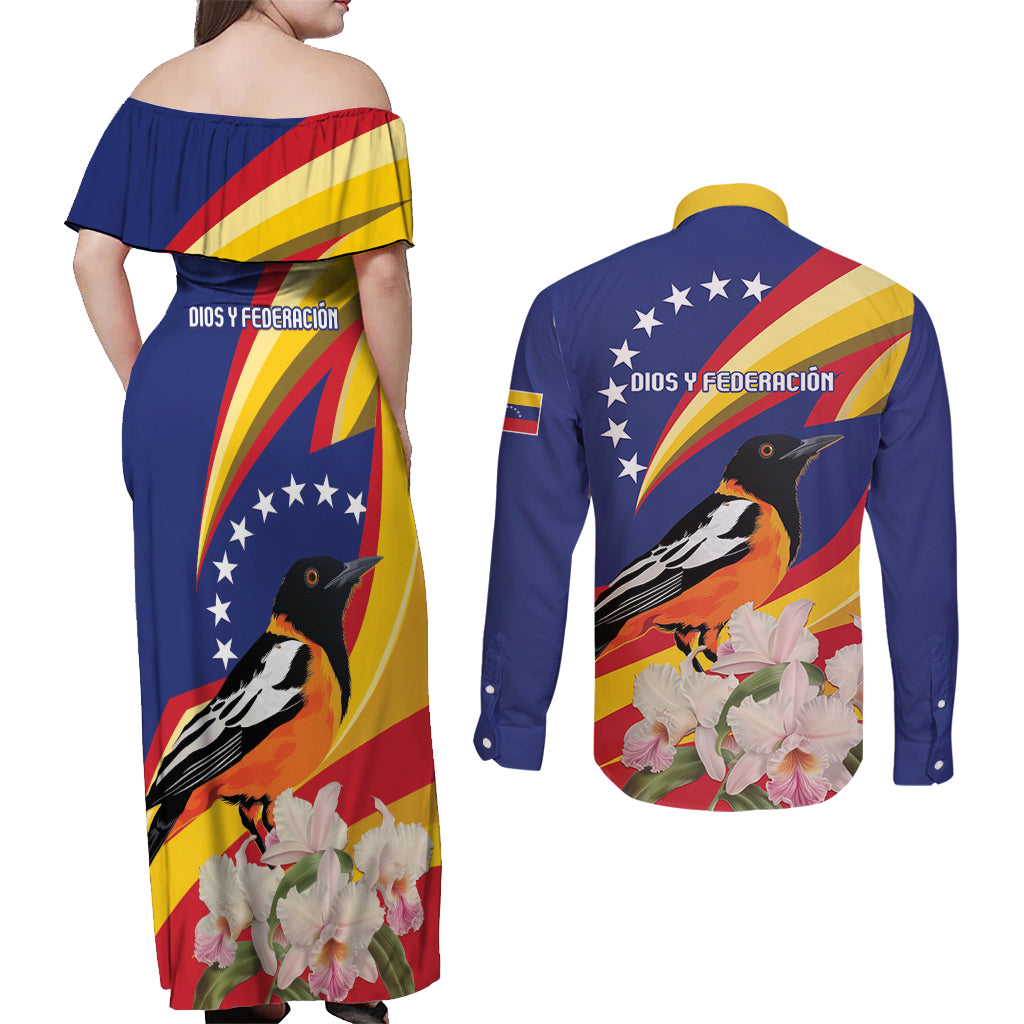 Venezuela Independence Day Couples Matching Off Shoulder Maxi Dress and Long Sleeve Button Shirt Venezuelan Troupial Cattleya Mossiae - Wonder Print Shop