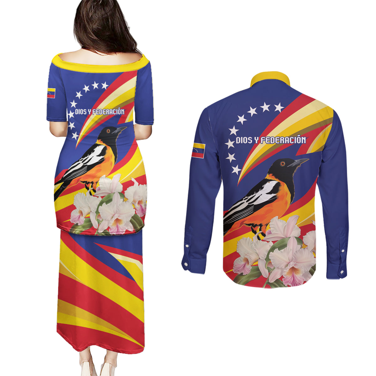 Venezuela Independence Day Couples Matching Puletasi and Long Sleeve Button Shirt Venezuelan Troupial Cattleya Mossiae - Wonder Print Shop