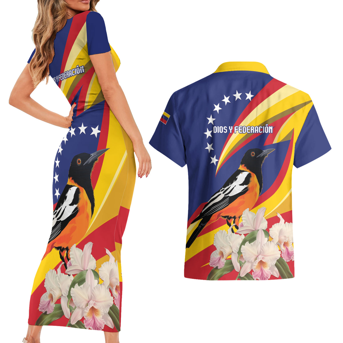 Venezuela Independence Day Couples Matching Short Sleeve Bodycon Dress and Hawaiian Shirt Venezuelan Troupial Cattleya Mossiae - Wonder Print Shop