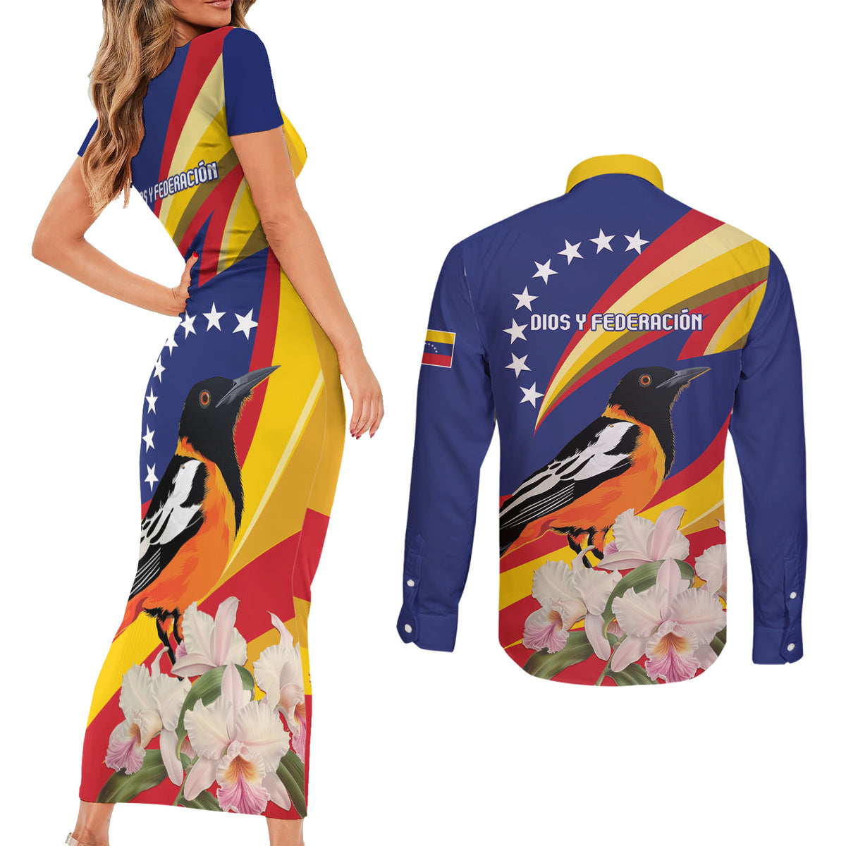 Venezuela Independence Day Couples Matching Short Sleeve Bodycon Dress and Long Sleeve Button Shirt Venezuelan Troupial Cattleya Mossiae - Wonder Print Shop