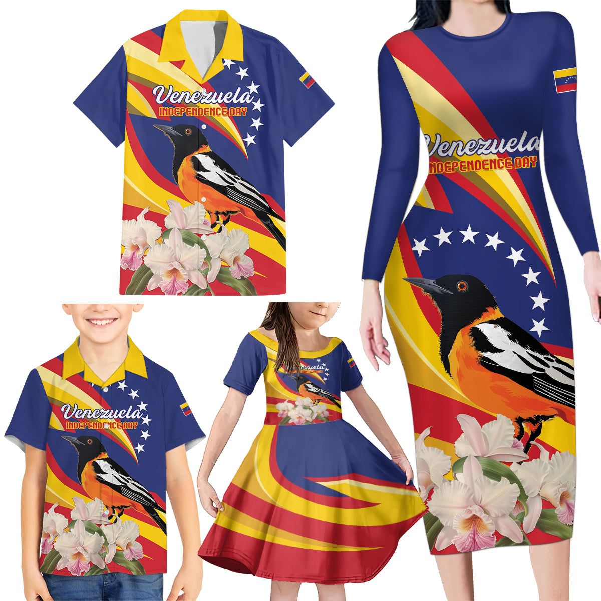 Venezuela Independence Day Family Matching Long Sleeve Bodycon Dress and Hawaiian Shirt Venezuelan Troupial Cattleya Mossiae