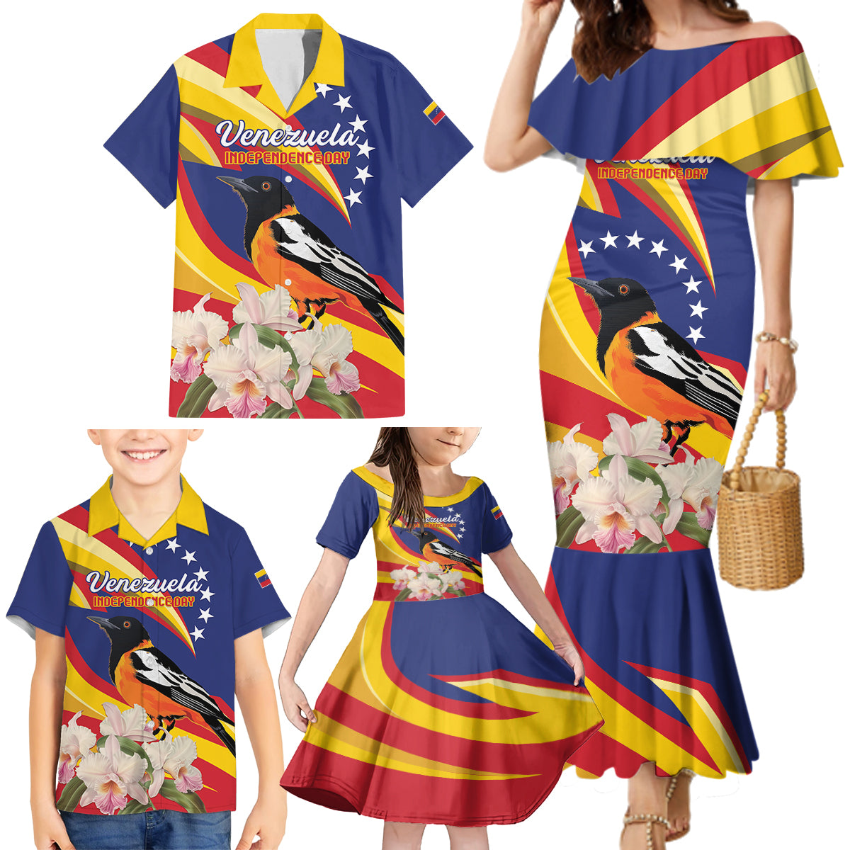 Venezuela Independence Day Family Matching Mermaid Dress and Hawaiian Shirt Venezuelan Troupial Cattleya Mossiae