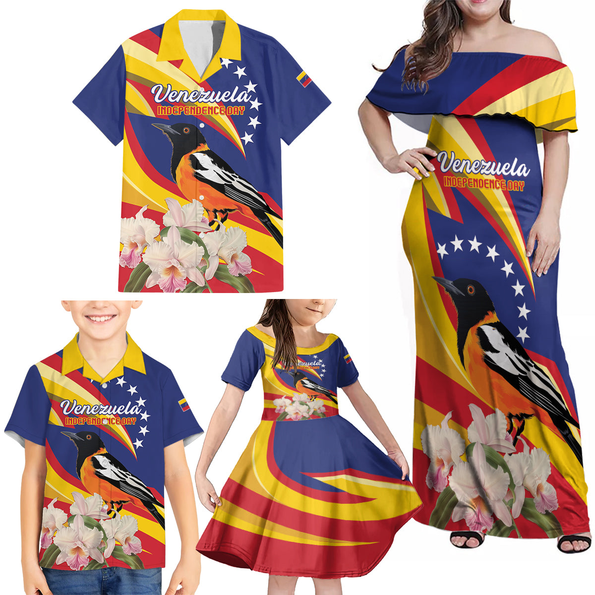 Venezuela Independence Day Family Matching Off Shoulder Maxi Dress and Hawaiian Shirt Venezuelan Troupial Cattleya Mossiae
